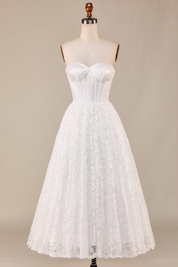 Ivory Lace Corset Tea-Length Wedding Dress For Discount