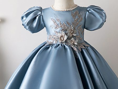 Puff Sleeves Blue Flower Girl Dress with Appliques Online now