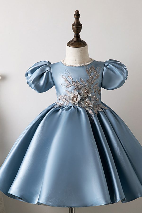 Puff Sleeves Blue Flower Girl Dress with Appliques Online now