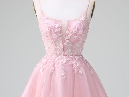 Princess Blush A Line Spaghetti Straps Tulle Short Homecoming Dress with Appliques on Sale