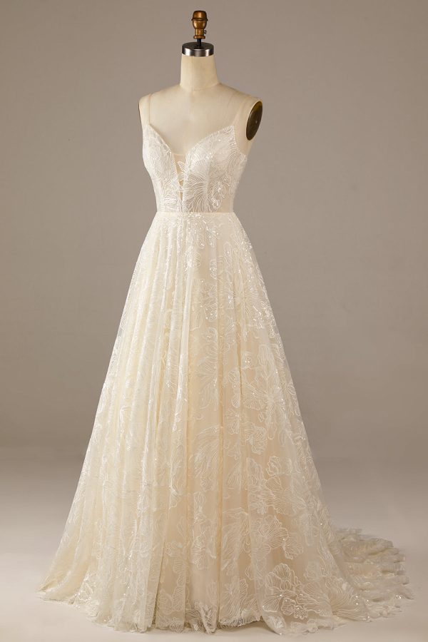 Sparkly Apricot Sweep Train Lace Wedding Dress Hot on Sale