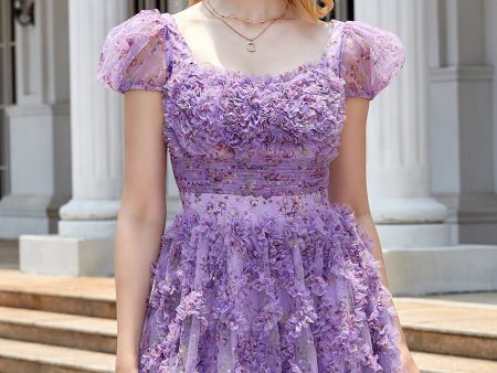 A Line Purple Square Neck Printed Homecoming Dress with Ruffles Cheap