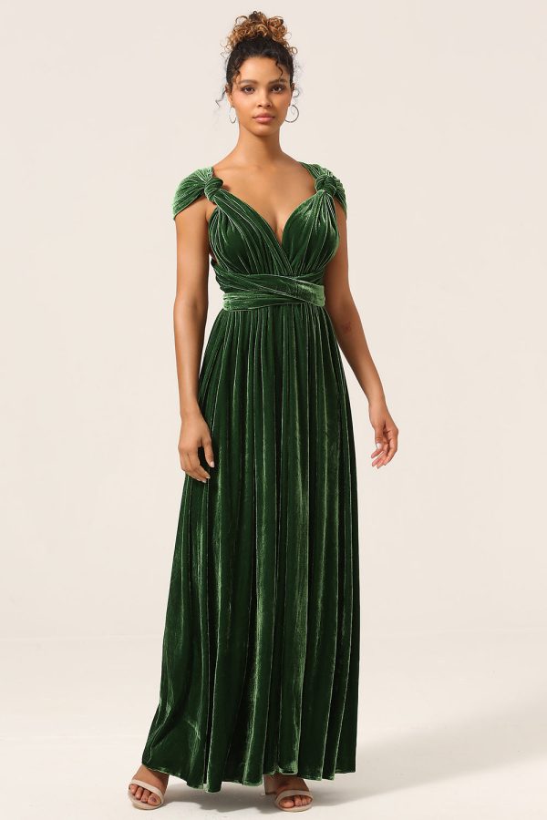 Elegant A Line V Neck Dark Green Covertible Wear Velvet Long Bridesmaid Dress For Cheap