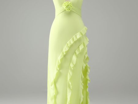 Lemon Deep V Neck Ruffles Wedding Guest Dress with Slit Fashion