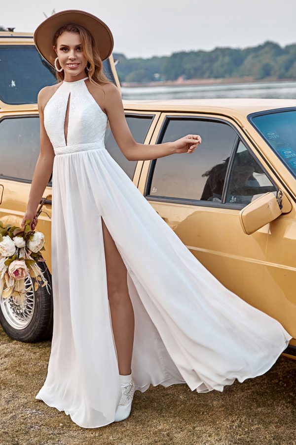 Ivory Lace Chiffon Halter Boho Wedding Dress With Slit For Sale