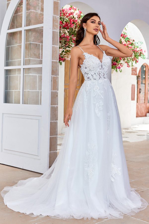 Ivory Criss-Cross Straps Back A-Line Tulle Wedding Dress Hot on Sale