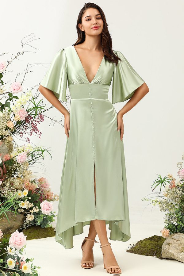 A Line Deep V Neck Light Green Wedding Guest Dress with Half Sleeves Online now