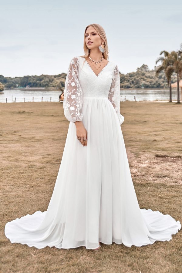 A Line V Neck Ivory Chiffon Sweep Train Boho Wedding Dress with Lace Discount