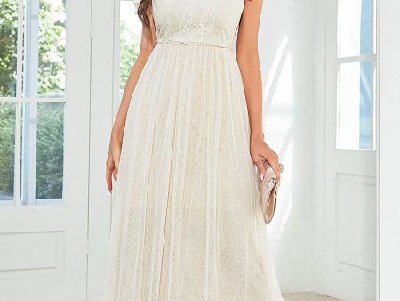 Apricot Lace Long Wedding Guest Dress with Bowknot Fashion