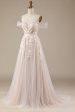 Champagne Tulle Detachable Off the Shoulder Wedding Dress with Lace For Cheap