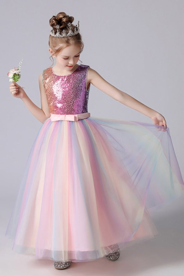 A-Line Sparkly Pink Sequins Kids Girls  Dress with Bows Cheap