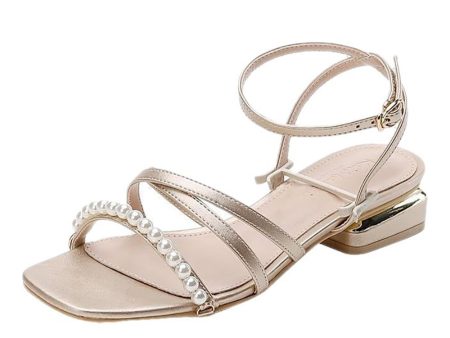 Golden Ankle Strappy Pearls Low Heel Sandal Cheap