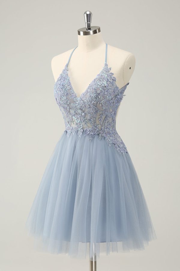 Sparkly Dusty Blue A Line Halter Homecoming Dress with Appliques Fashion