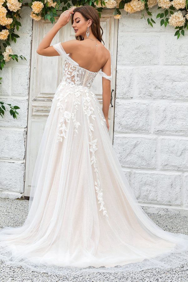 Beauty A Line Off the Shoulder Champagne Tulle Detachable Wedding Dress with Lace Online Sale