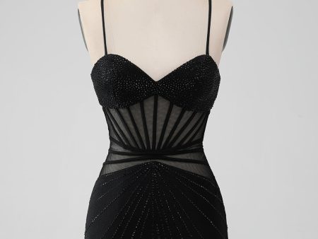 Black Bodycon Spaghetti Straps Corset Homecoming Dress with Beading on Sale