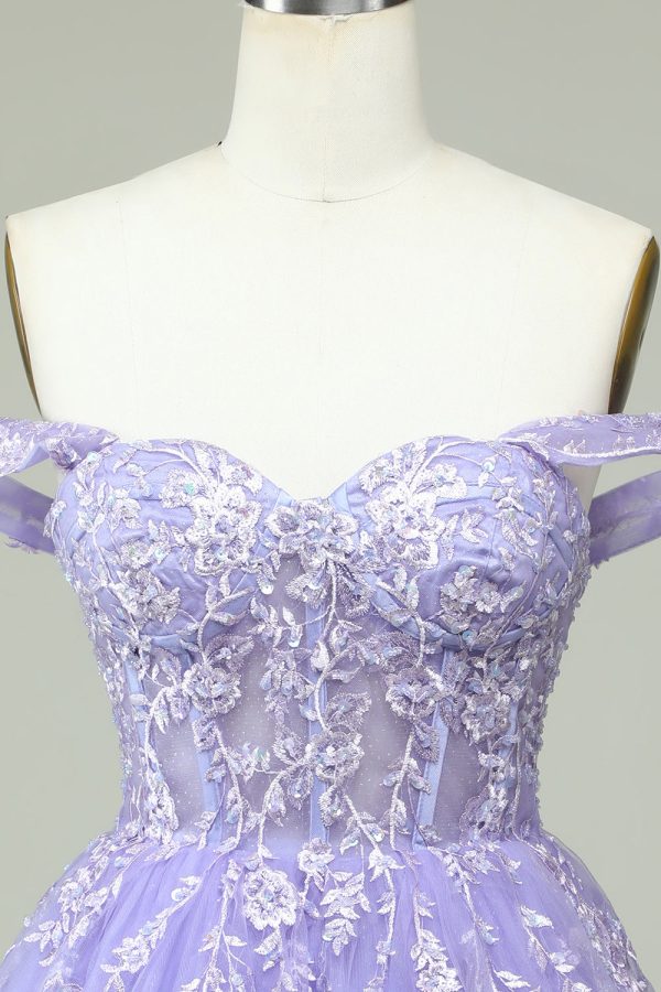 A Line Off the Shoulder Lilac Corset Homecoming Dress with Appliques Cheap