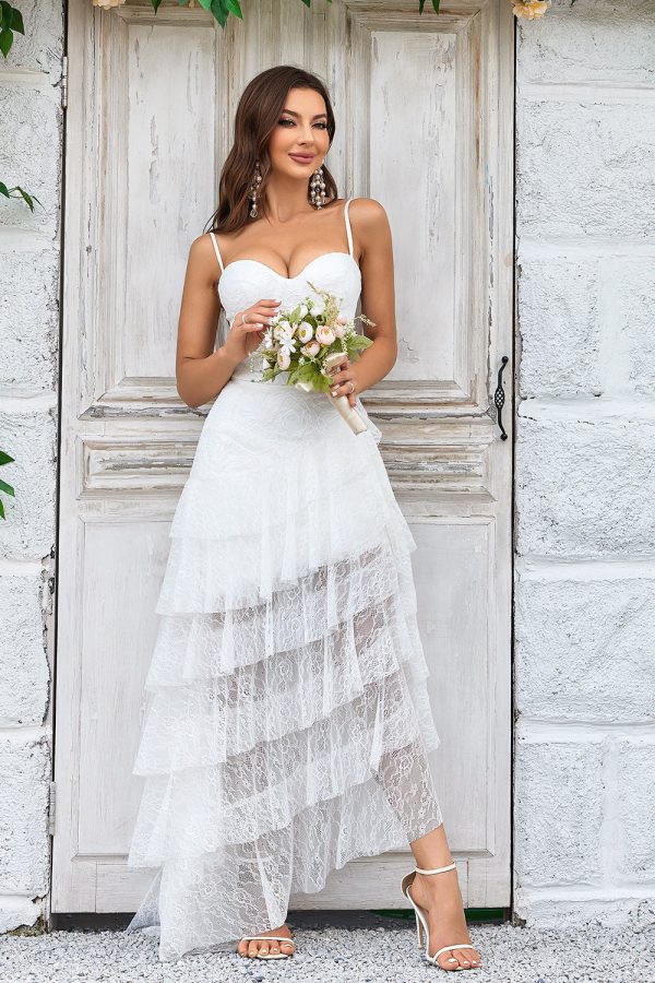 Ivory Lace Asymmetrical Detachable Train Boho Wedding Dress Fashion