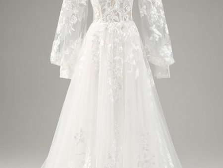 White A Line Tulle Long Sleeves Wedding Dress with Appliques Lace on Sale