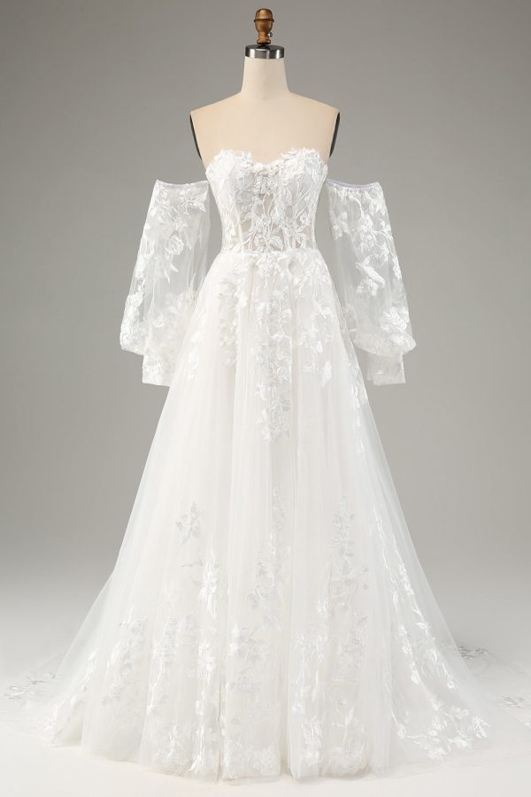 White A Line Tulle Long Sleeves Wedding Dress with Appliques Lace on Sale