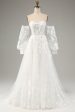 White A Line Tulle Long Sleeves Wedding Dress with Appliques Lace on Sale