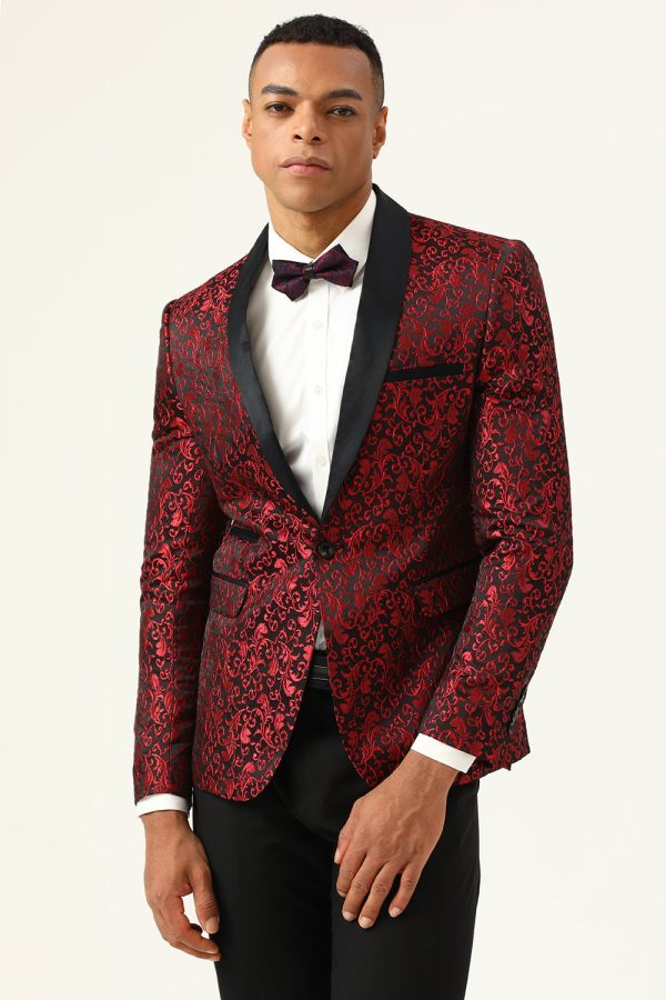 One Button Red Shawl Lapel Jacquard Men s Prom Blazer on Sale