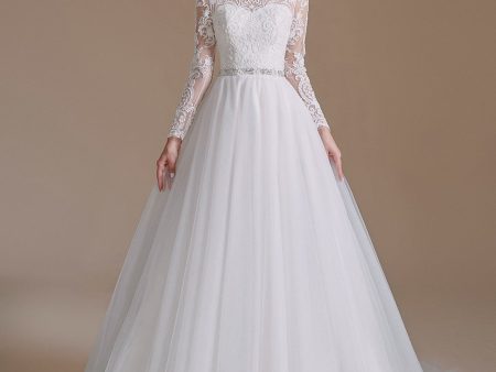 White A-Line High Neck Long Sleeves Wedding Dress with Lace Online Hot Sale