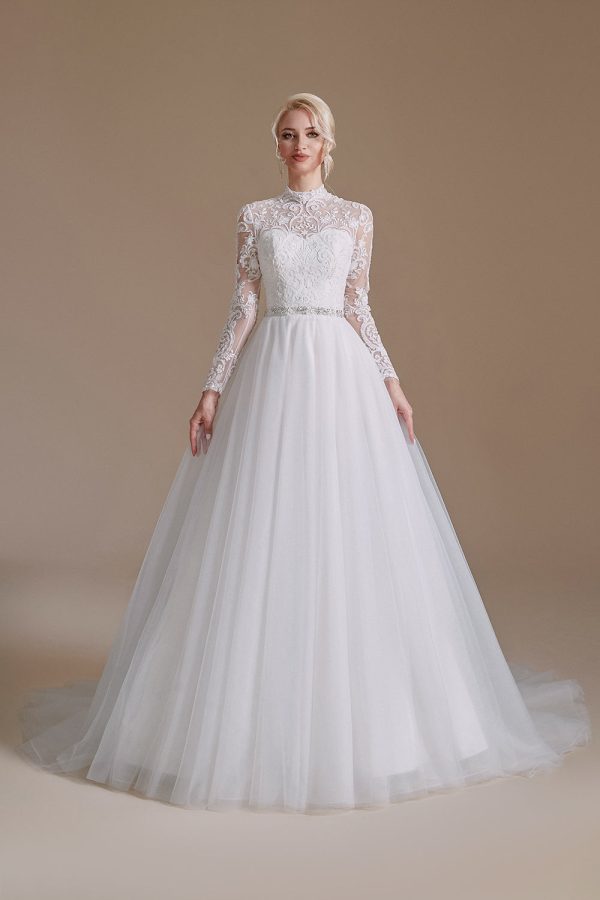 White A-Line High Neck Long Sleeves Wedding Dress with Lace Online Hot Sale