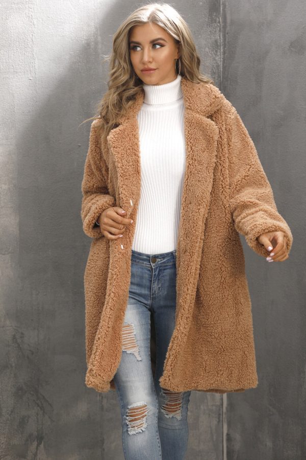 Camel Notched Lapel Long Faux Fur Women Coat For Sale