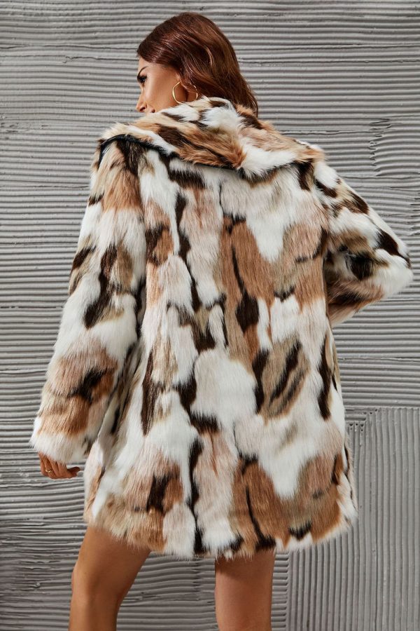 White and Brown Shawl Lapel Midi Faux Fur Shearling Coat Cheap