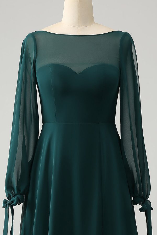 A Line Dark Green Bateau Neck Chiffon Bridesmaid Dress with Slit Sale