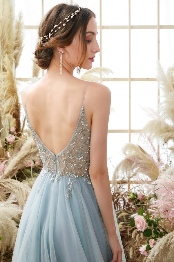 Light Blue Beading Tulle Prom Dress For Cheap