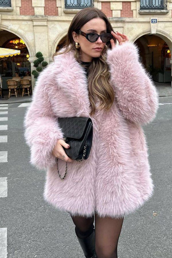 Pink Open Front Shearling Faux Fur Long Shaggy Coat Hot on Sale