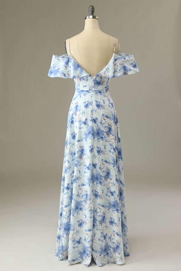 A Line Off the Shoulder Blue Floral Print Long Bridesmaid Dress Online now