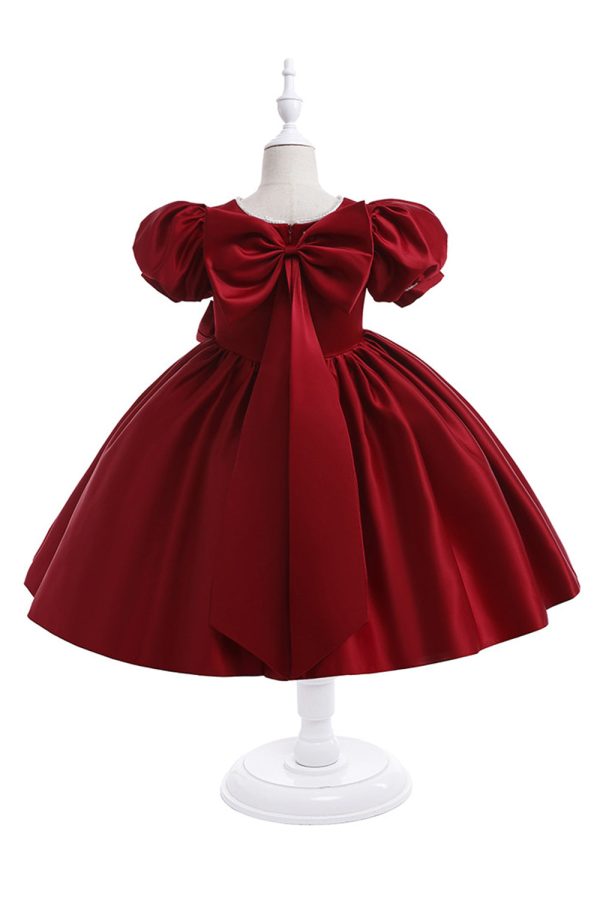 Burgundy Satin Girl Dress with Bow Cheap