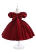 Burgundy Satin Girl Dress with Bow Cheap