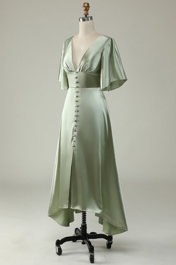 A Line Deep V Neck Light Green Bridesmaid Dress with Half Sleeves Supply