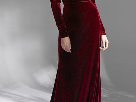 Burgundy Velvet Off the Shoulder Long Sleeves Floor Length Evening Dress Discount