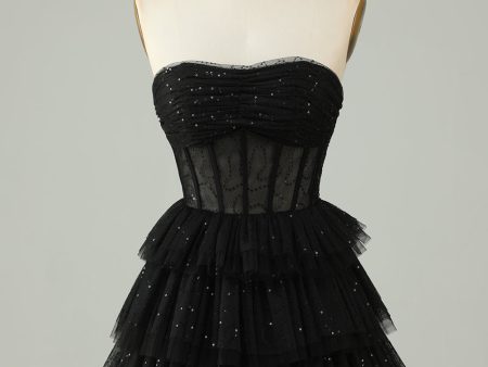 Black A Line Strapless Open Back Corset Homecoming Dress For Sale