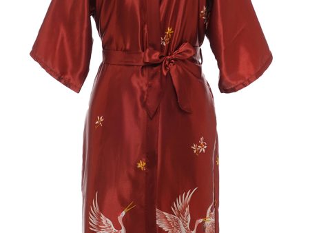 Burgundy Crane Printed Bridal Robe Fashion