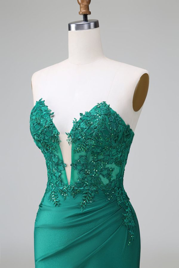 Dark Green Tight Deep V Neck Satin Strapless Short Homecoming Dress with Appliques Sale