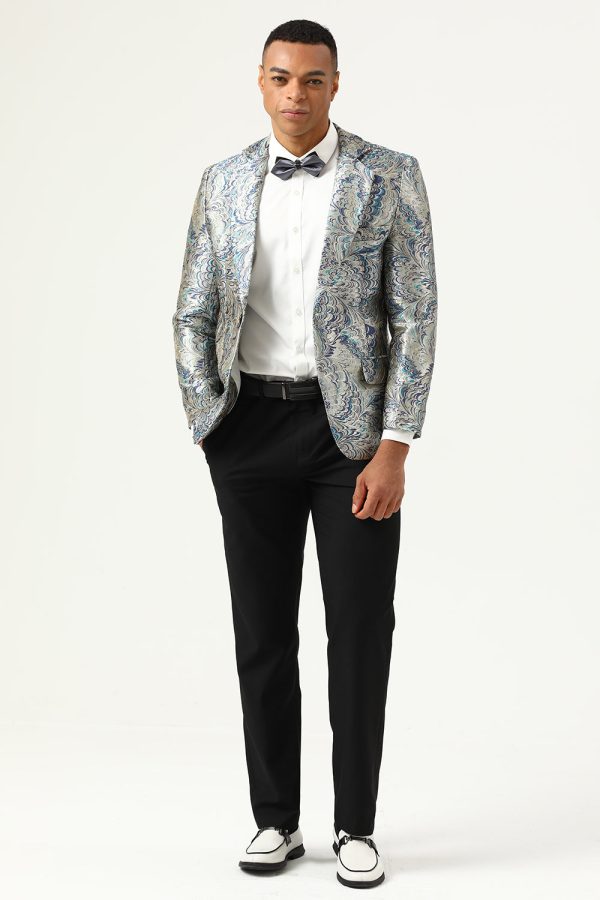 Silver and Blue Jacquard Notched Lapel Men s Prom Blazer Cheap