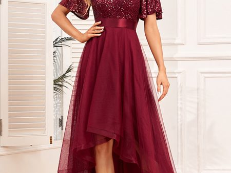 Burgundy A-Line V Neck Short Sleeves High Low Prom Dress Cheap