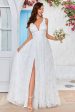 Beauty A Line V-Neck Ivory Lace Long Wedding Dress with Slit Online Sale