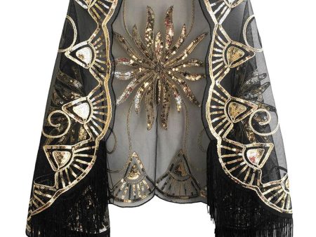 Black Golden Sequined 1920s Cape With Fringes Hot on Sale