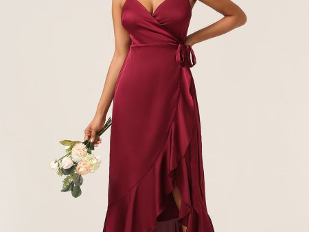 A Line Spaghetti Straps Burgundy Bridesmaid Dress with Ruffles Hot on Sale