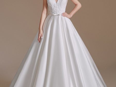 White A-Line V-Neck Wedding Dress with Lace Online Hot Sale