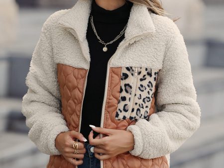 Coffee Patchwork Zipper Leopard Jacket Online Sale