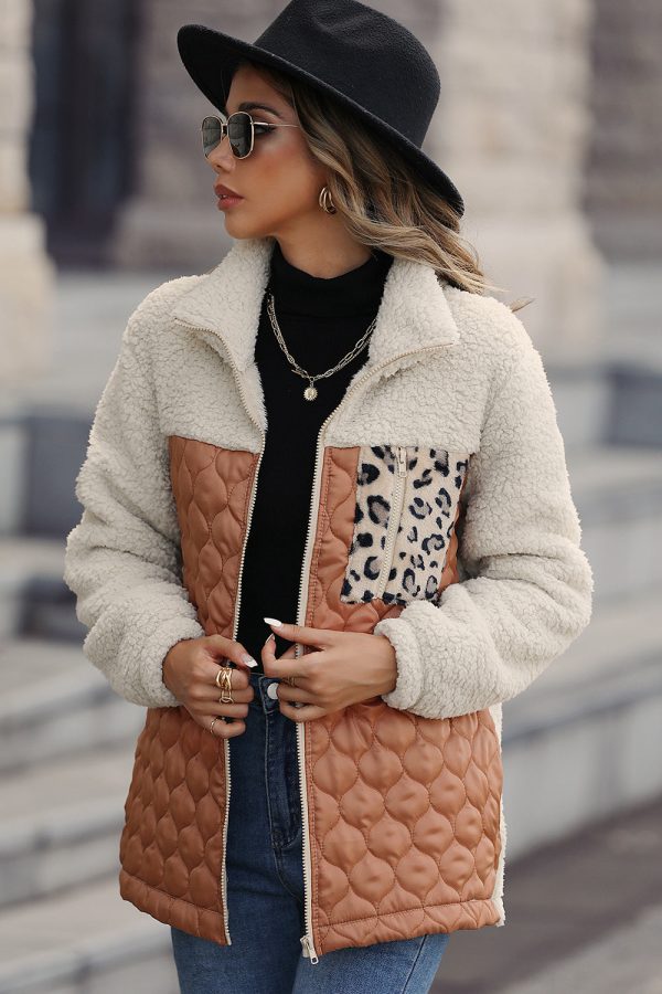 Coffee Patchwork Zipper Leopard Jacket Online Sale