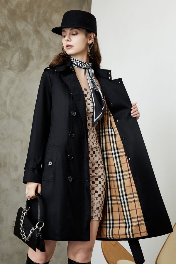 Black Double Breasted Lapel Long Trench Coat with Belt For Sale