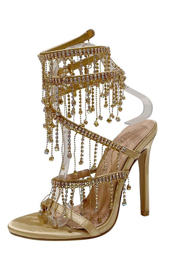 Golden Sparkly Strappy High Heeled Sandals With Tassel Hot on Sale